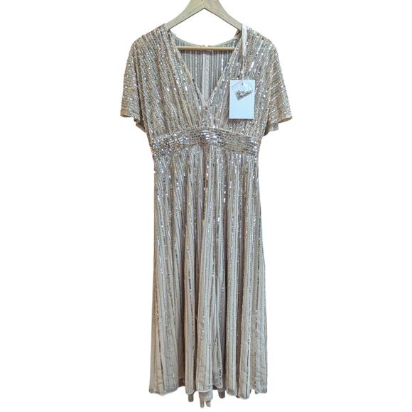 Mac Duggal Sequined Short Flutter Sleeve Midi Dress Taupe 8 - Picture 2 of 5